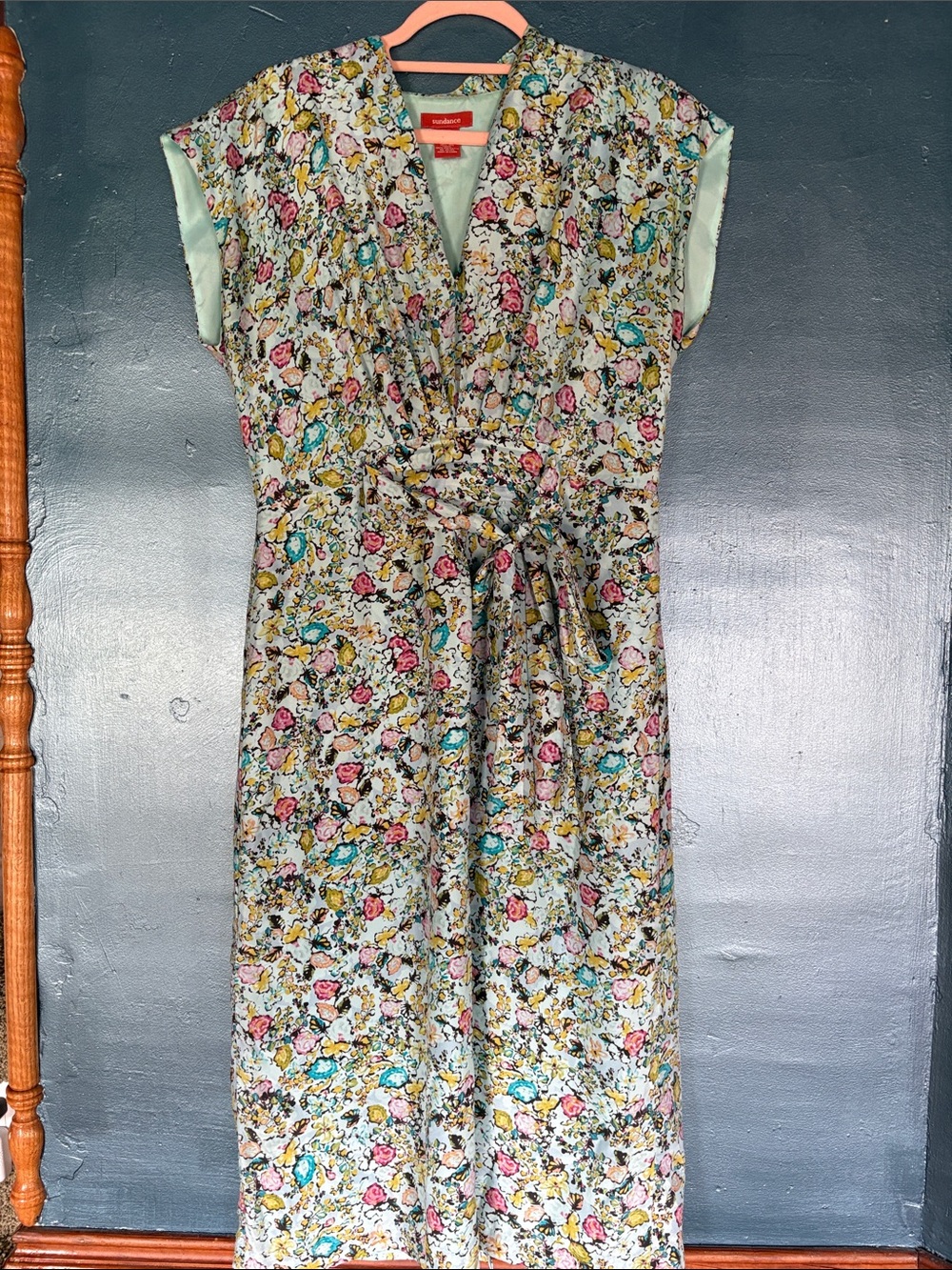Sundance Mint Green Floral Tie-Waist Midi Dress